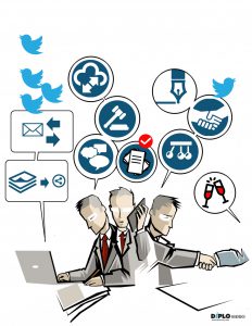 Impact and Results 2 From one desk, severalimages of a busy diplomat multitasks numerous elements represented by icons (twitter birds, email, writing, networking, chatting, reviewing legal implications and documents, thinking about repercussions while others celebrate, and more).